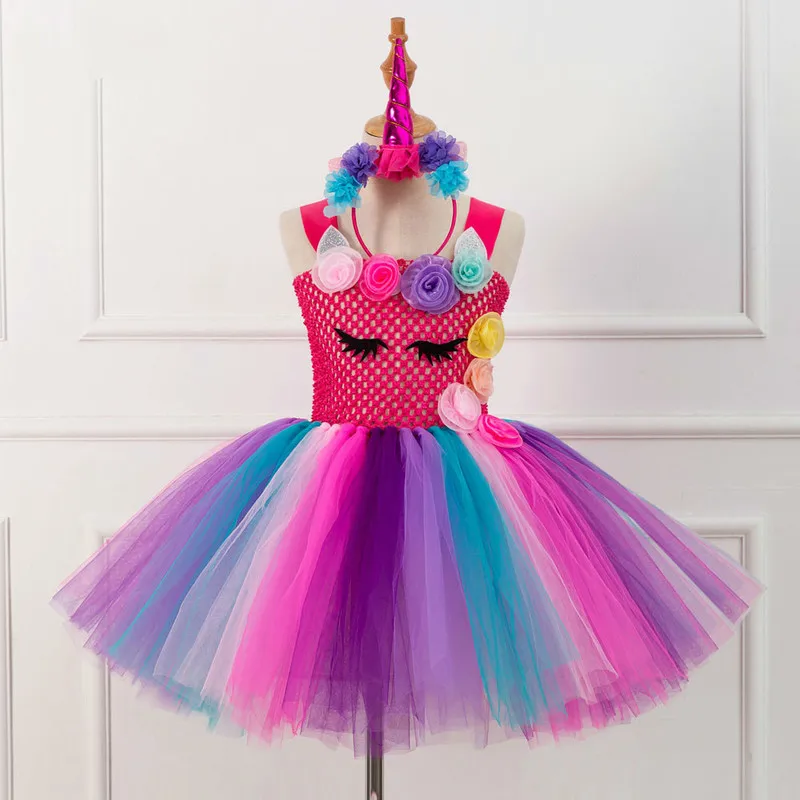 

Flower Girls Unicorn Tutu Dress Pastel Mesh Knee-Length Rainbow Princess Girls Birthday Party Dress Children Kids Costume 2-10Y