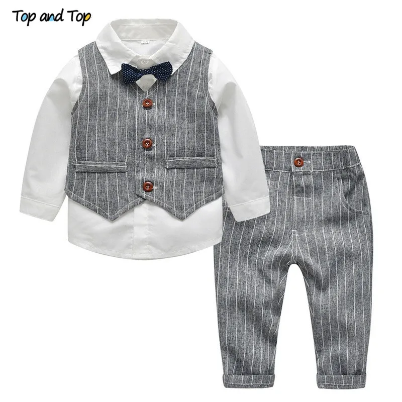 Топ и топ, модный осенний комплект одежды для младенцев, детский костюм для маленьких мальчиков нарядный свадебный жилет рубашка с галстуком штаны, комплекты одежды из 4 предметов - Цвет: Серый