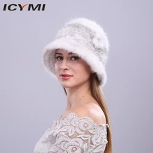 ICYMI, вязаная шапка из натурального меха норки с цветком, женские шапки, зимние шапки из натурального меха для женщин, теплые шапочки с цветочным рисунком