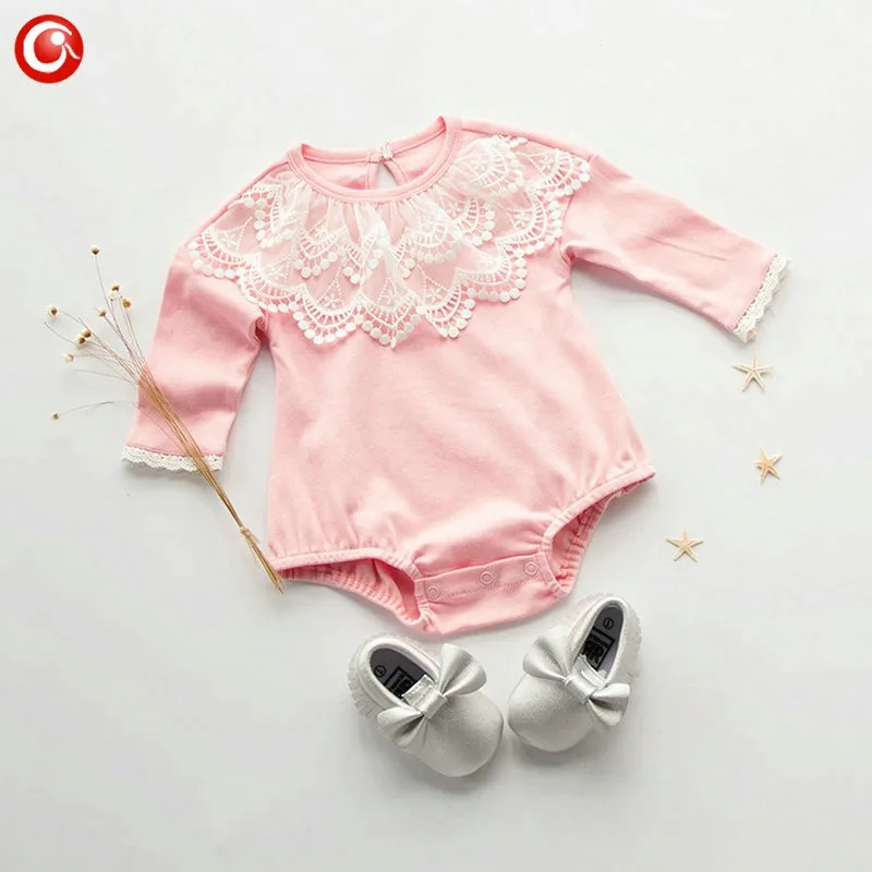 2016 Casual Pink Baby Bodysuit With Lace Princess Newborn Girls Cotton Long Sleeve Body Clothes Infant Underwear For Christmas (2)