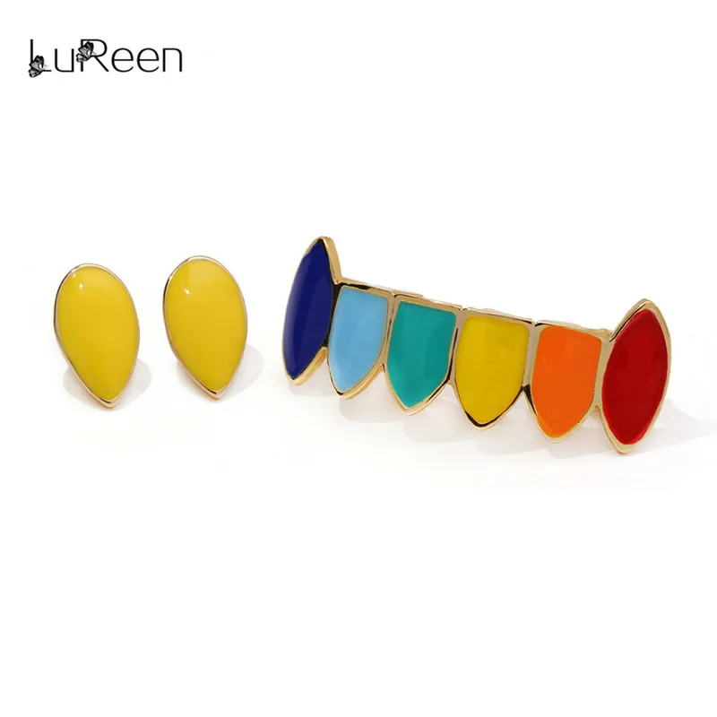 

LuReen 3pcs Gold Teeth Grillz Rainbow Hip Hop Grills Dental Vampire Teeth Caps Halloween Tooth Grill Body Jewelry Party XHYT1104