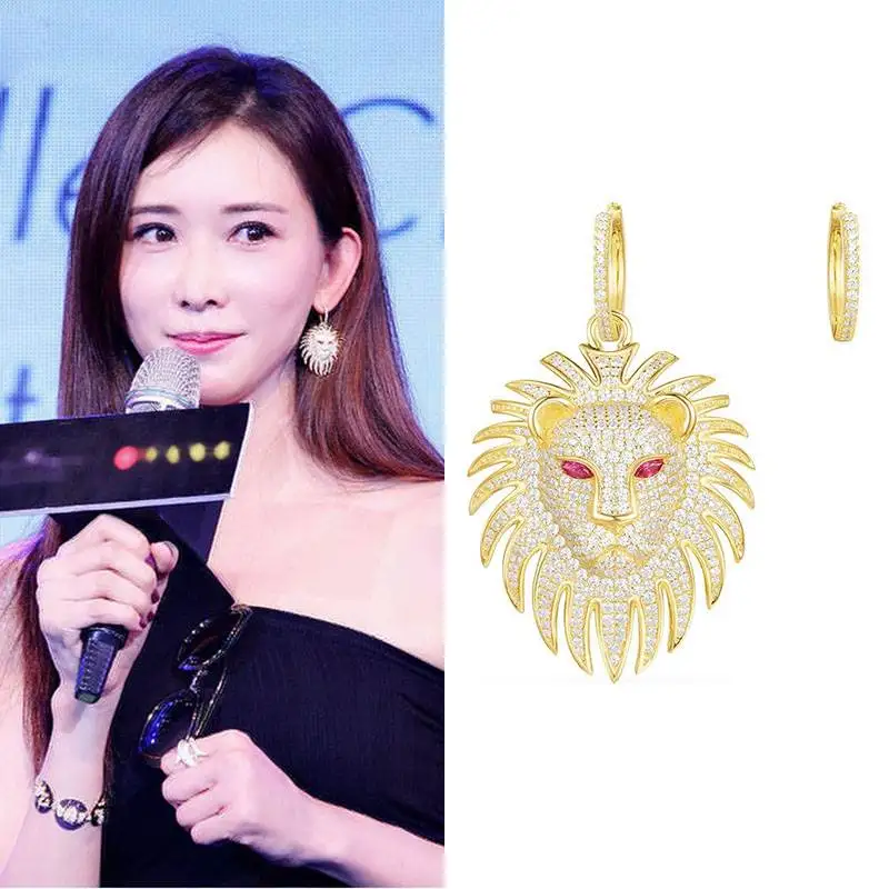 

ZOZIRI Monaco new design gold-color animal lion summer statement Earrings real silver Asymmetry lion earrings with red eyes