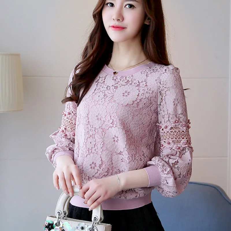 2017 Autumn lantern sleeve O neck hollow out lace blouses