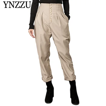 

YNZZU High Waist Single Breasted Pants Women 2019 New Spring Khaki Casual Riding Pants Loose Women Trousers Streetwear YB308