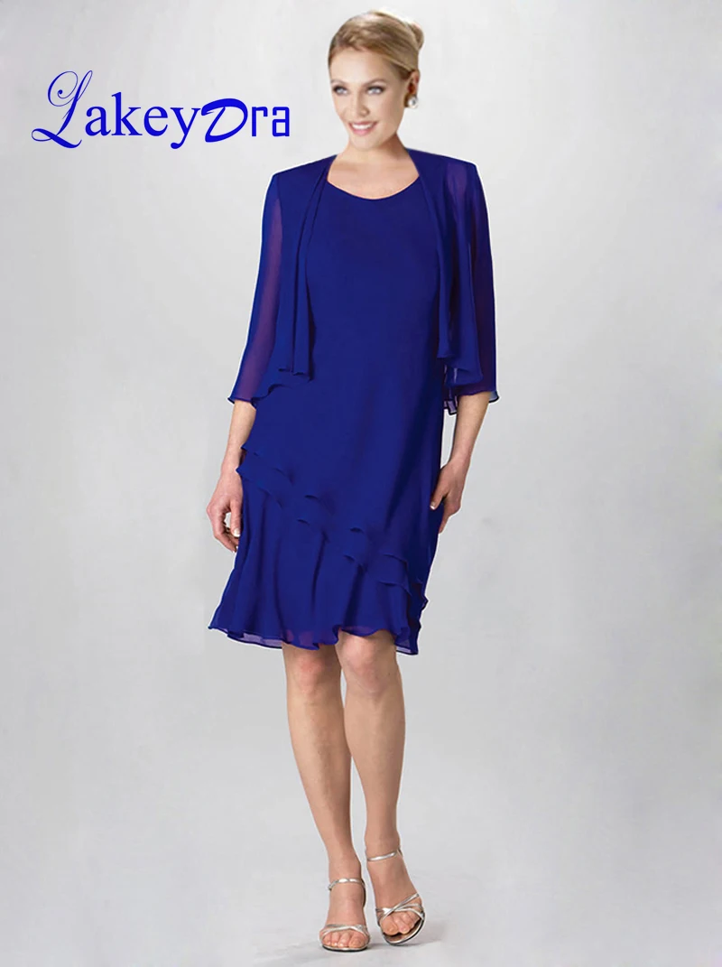 

Lakeydra Royal Blue Chiffon Mother of the Bride Dress Scoop Neck Knee-Length Plus Size Women Party Gown Robe de Soiree