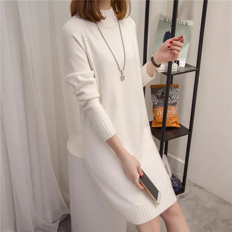 HaoRu New Women's Sweater Winter 2017 Autumn Fashion All-match Thick Knitting Pullovers Loose Knitted Dress Female White Black