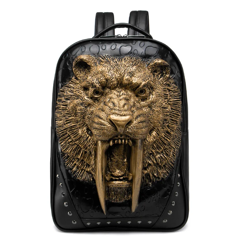 

2017 High Quality 3D Sabretooth Animal Embossing Rivet Satchel Man School Backpack Halloween Cool Leather laptop Travel Soft Bag