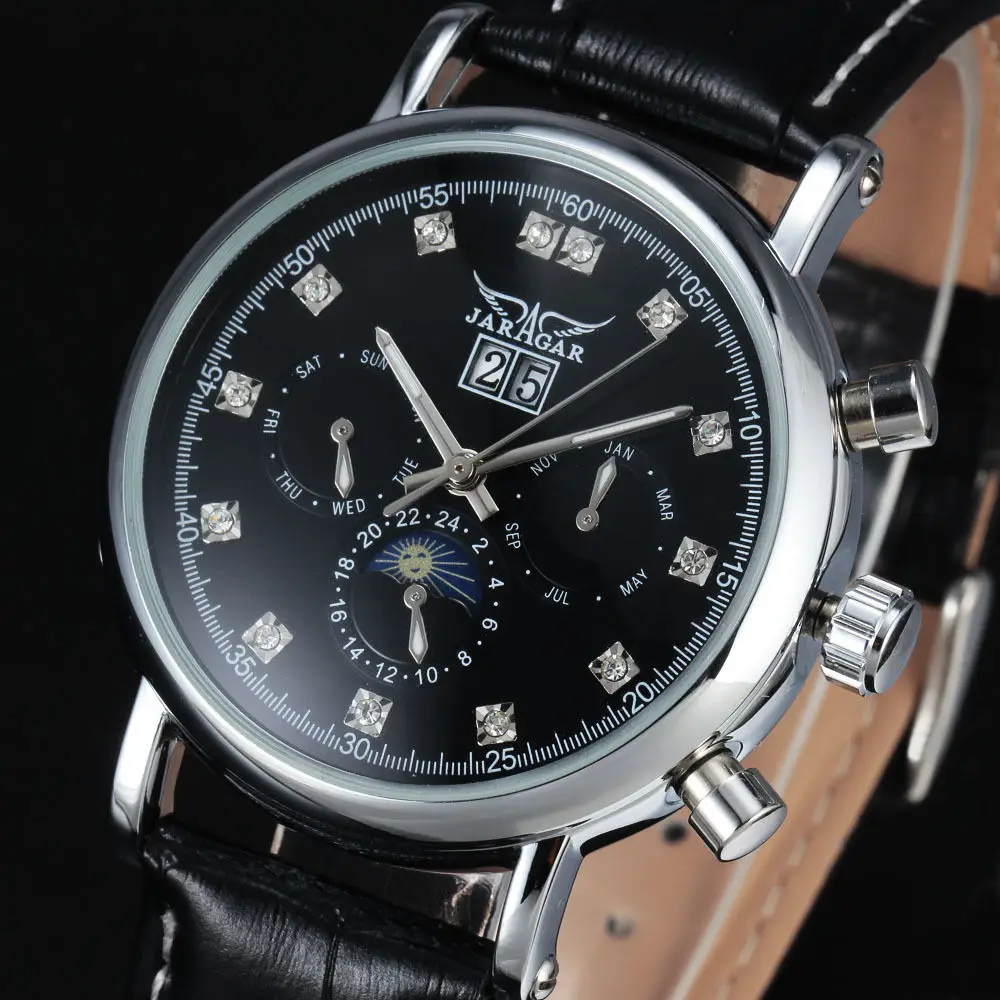 New Classic Jaragar Auto Day Tourbillon Automatic Mechanical Colck Black Leather Band Wrist Men s Business