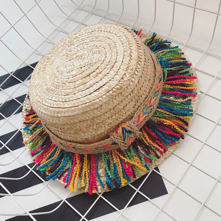 

Summer Panama Children Sun Hat Rainbow Hemp Rope Straw Kids Girl Round Flat Caps Brim Beach Outdoor Baby Hat for 2 3 4 5 6 Years
