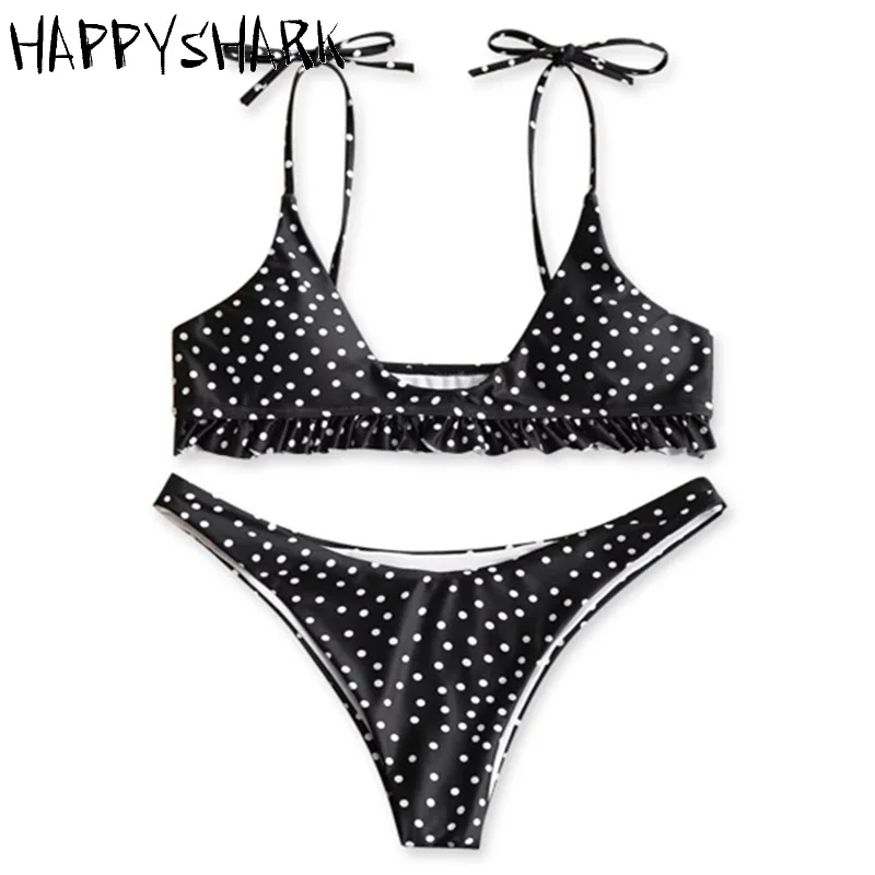 

HAPPYSHARK 2018 New Dot Bikinis Set Women Brazilian Leopard Fold Edge Strappy Biquinis High Cut Thong Swimwear Leopard Swimsuit