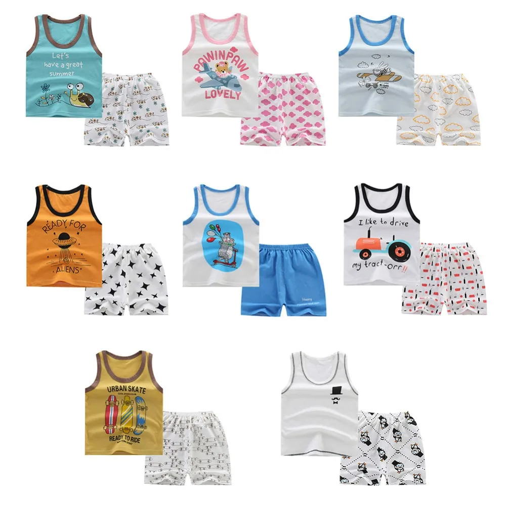 

Fashion Summer Baby Boys Girls Suits Kids Cartoon Printed Sleeveless Vest Top Shorts Casual Outfits Clothes Set 2019 New 0-6Y