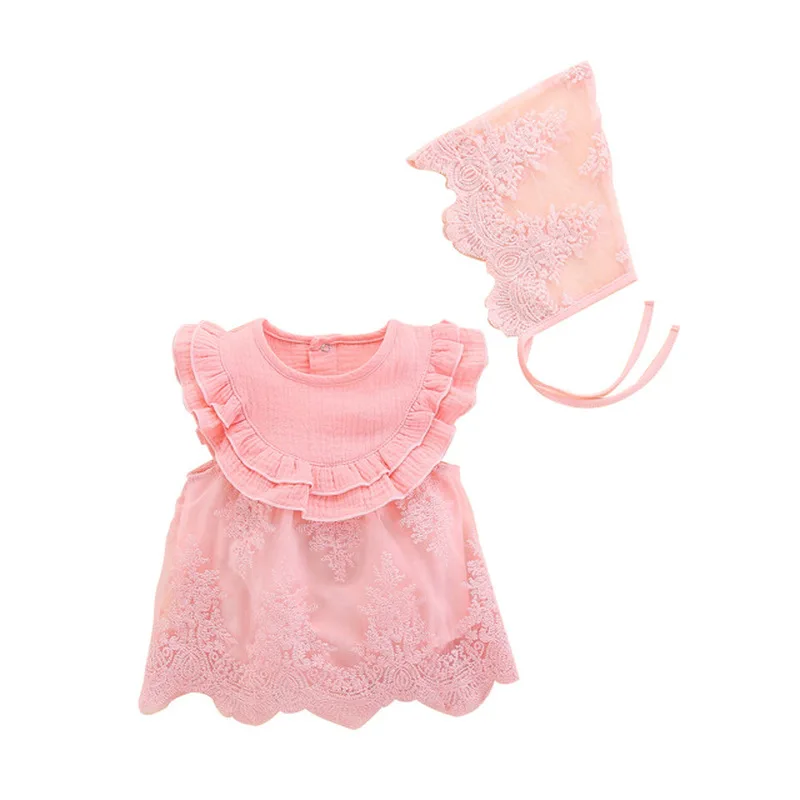 

Summer newborn girls jumpsuit suits infant baby trumpet sleeves solid color printed lace design jumpsuit jumpsuit with headband