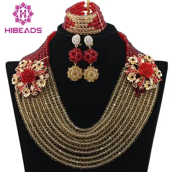 

African Red Beads Jewelry Set 2017 Nigerian Red Beads Necklaces Set Red Gold Costume Women Jewelry Set Free Shipping WB763