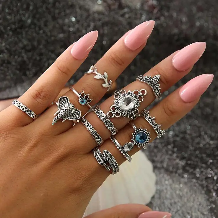 

High Quality 12 PCS/Set Vintage Blue White Crystal Rings Flower Elephant Opal Stone Finger Midi Ring Set for Women Party Jewelry