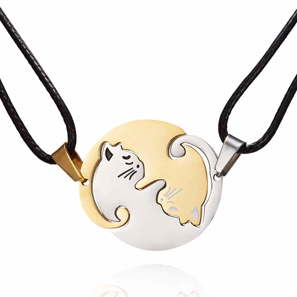 

Fashion Couples Cute Animal Jewelry Necklaces Gold Silver Color Couple Necklace Titanium Steel Black White Cat Pendants Necklace