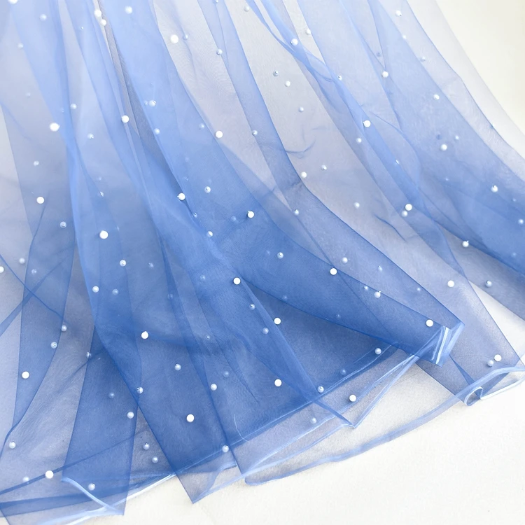 

Blue Gradient Pearl Beaded Mesh Lace For Wedding Dress Shiny Tulle Lace Fabric French Lace trim Diy Decoration Sew Accessories