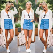 Новейшая популярная женская летняя джинсовая юбка с высокой талией облегающая Однотонная синяя повязка тонкая на кнопках Карандаш Короткие мини-юбки Y