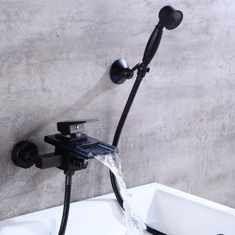 Черный Бронзовый Матовый роскошный кран для ванной Большой водопад смеситель для ванны латунный стеклянный носик с ручной насадкой для душа смеситель для душа - Цвет: D style