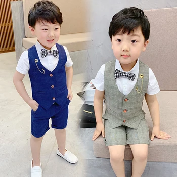 

90-140cm New 2019 Summer Boys Plaid Wedding and Birthday Vest+Pant 2pcs Clothes Sets Boys Clothing Sets Children Costume