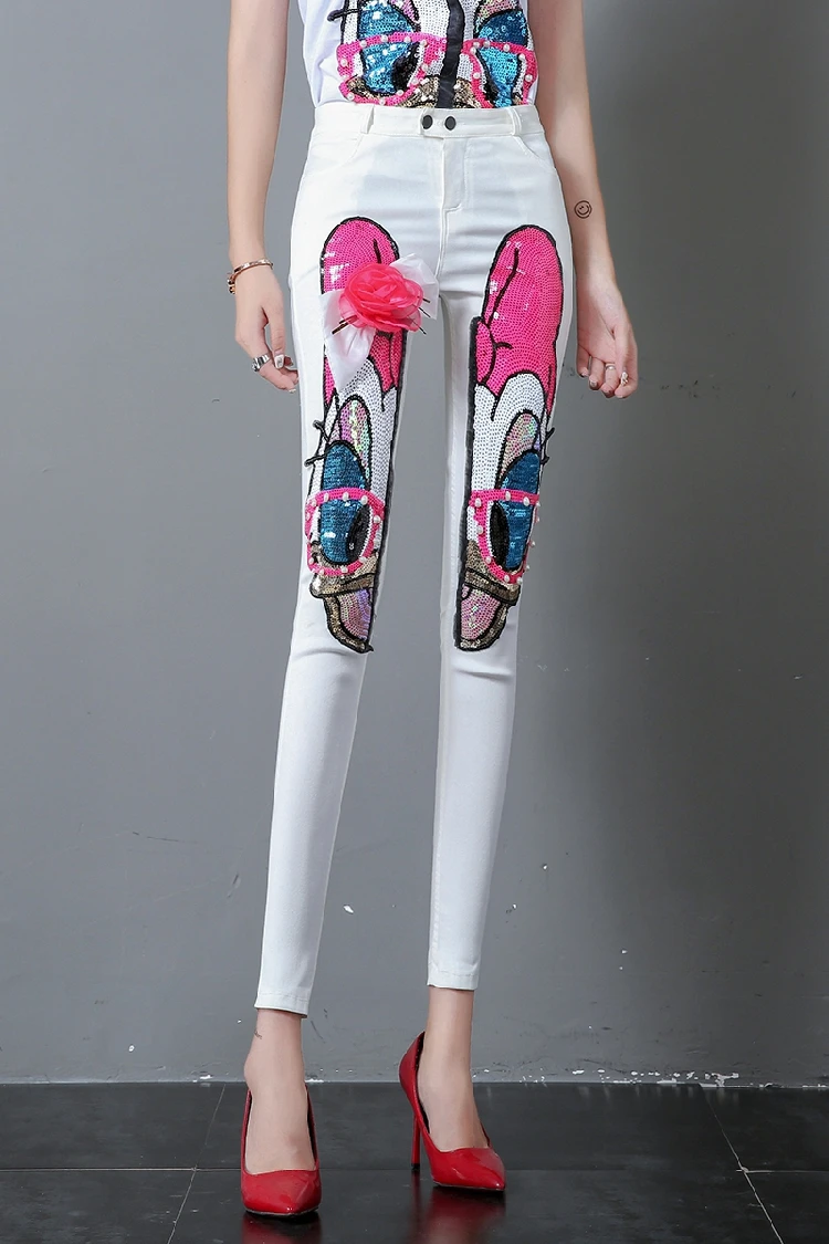 Новые летние модные женские джинсовые брюки розовые белые джинсы-карандаш с вышивкой и пайетками для студентов длинные брюки