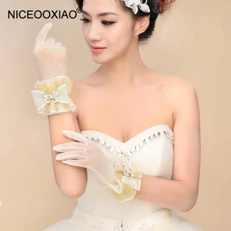 NICEOOXIAO кружева свадебные перчатки темперамент запястья перчатки элегантный лук свадебное платье перчатки пальцев аксессуары BNLF611-54