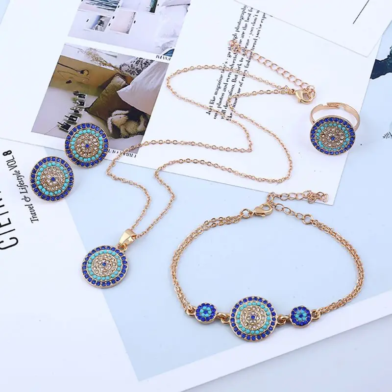 

Blue Cubic Zirconia Evil Eye Tennis Bracelets Necklace Ring Earrings Jewelry Set