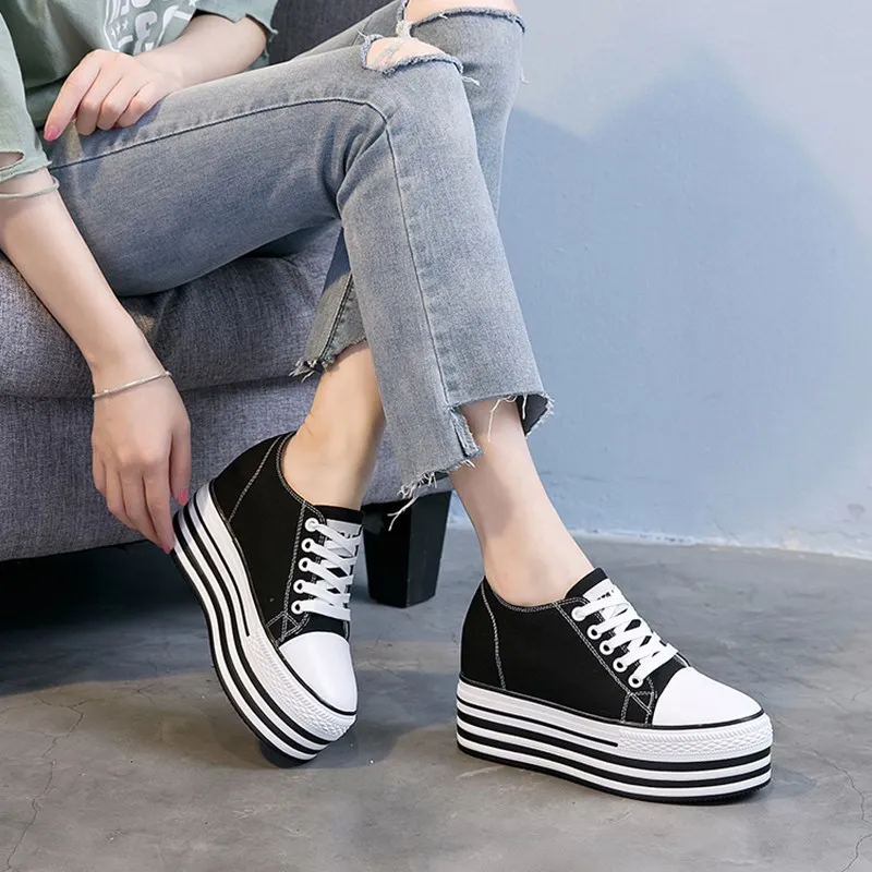 

Brand women casual Shoes Flat Platform Wedges woman canvas Shoes lace up shoes black white sneakers spring autumn shoes
