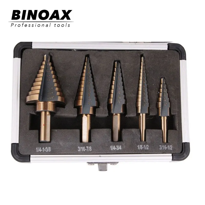  BINOAX 5pcs/Set HSS COBALT MULTIPLE HOLE 50 Sizes STEP DRILL BIT SET w/ Aluminum Case