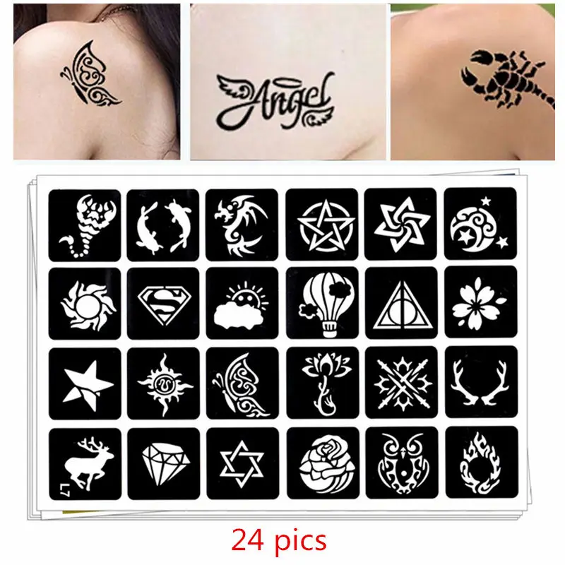 

24 pics Henna Tattoo Stencils DIY Jagua Drawing Templates Airbrush Mehndi Body Art Small Flash Tatoo Stencil C16