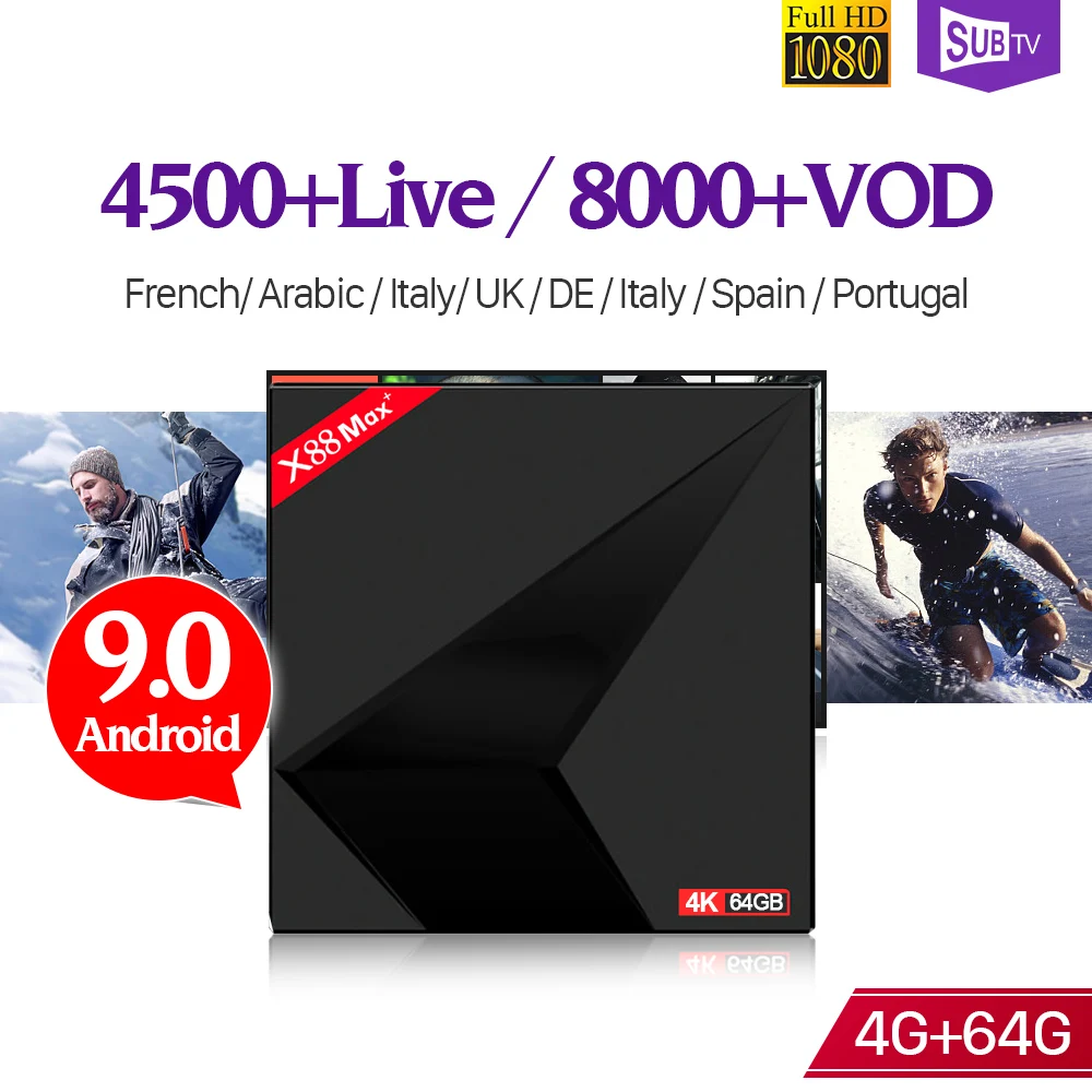 

X88 MAX Android 9.0 Tv Box SUBTV Iptv Code 1 Year IPTV Subscription BT4.0 4GB 64GB RK3328 French Arabic UK Portugal 4K VOD IP TV