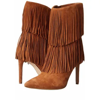 

EMMA KING 2018 Fringe Embellished Ankle Boot For Women Pointed Toe Side Zipper Booties Short Boots Stiletto Heels Dress Booties