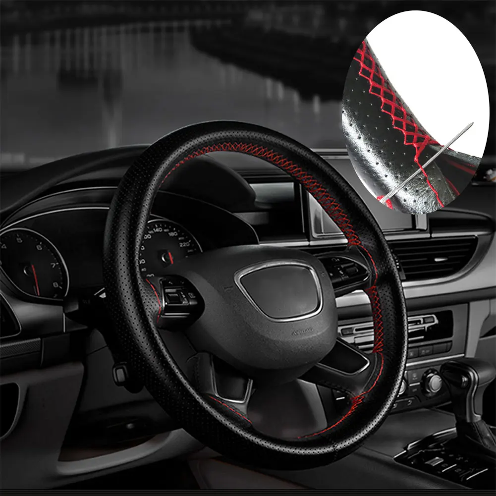 

Vogue Auto Car Steering Wheel Black Leather Cover with Needles Red Thread Car Interior Stying Accessories Truck Cover