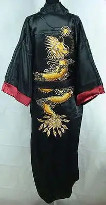 Black Double-Side Embroidery Dragon Male Long Robe Chinese Men Silk Satin Men's Dragon Kimono Robe Gown Reversible Bathrobe pajama joggers