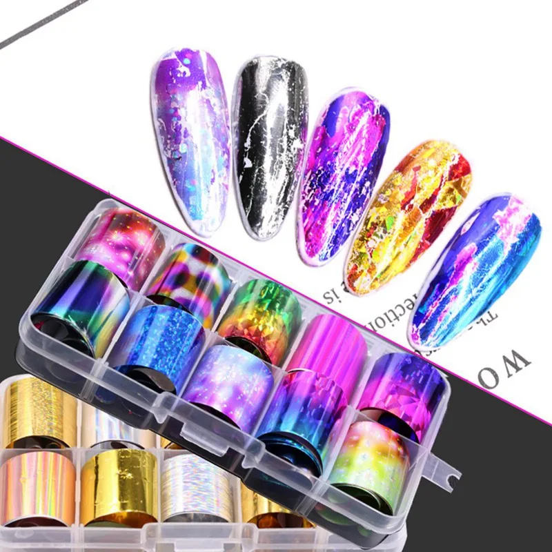 

1Set 10Colors Starry Sky Holographic Foil Paper Nail Sticker Candy Glass Art Sticker Set Laser Colorful Manicure Stickers