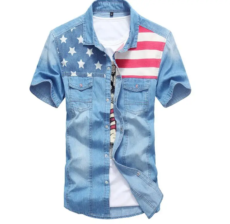 M/3Xl Mens Summer Slim Denim Shirts Short Sleeves Flag Stitching Summer Denim Shorts Turn Down Collar Jeans Shirts J1447