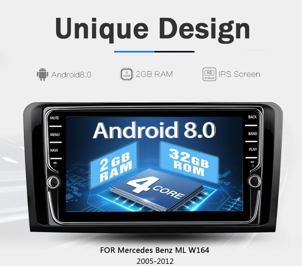 Excellent Funrover IPS 2 Din Car Multimedia gps player Android 8.0 DVD Radio Player For Mercedes/Benz/ML/GL CLASS W164 ML350 ML500 GL320 4