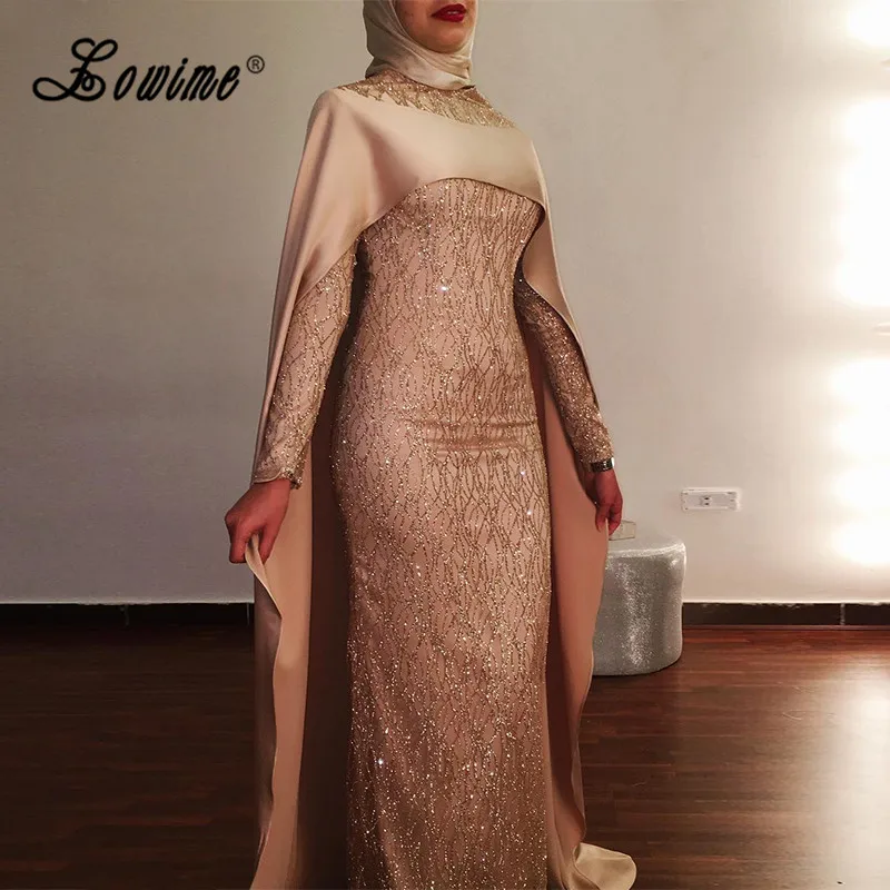 Shiny Turkish Evening Dresses Hijab Long Sleeve Muslim Formal Dress With Long Cloak Two Piece