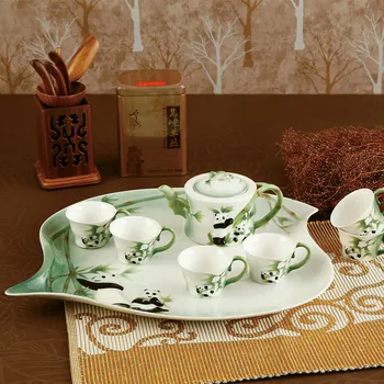 

[ 1 Teapot+6Cups] 2018 Newest 7Pcs KungFu Panda bamboo teapot cup Ceramic tea set with Tray Coffee Drinkware teacup Safe Package
