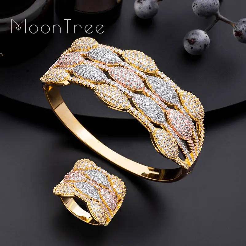 

MoonTree Full Cubic Zirconia Baguette Three Tone Women Bracelet Bangle Ring Sets Hollow Wedding Indian African Beads Jewelry Set