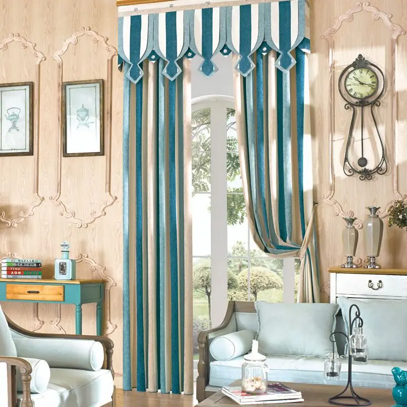 North Europe Style Elegant Blue Striped Drapes High Grade Chenille