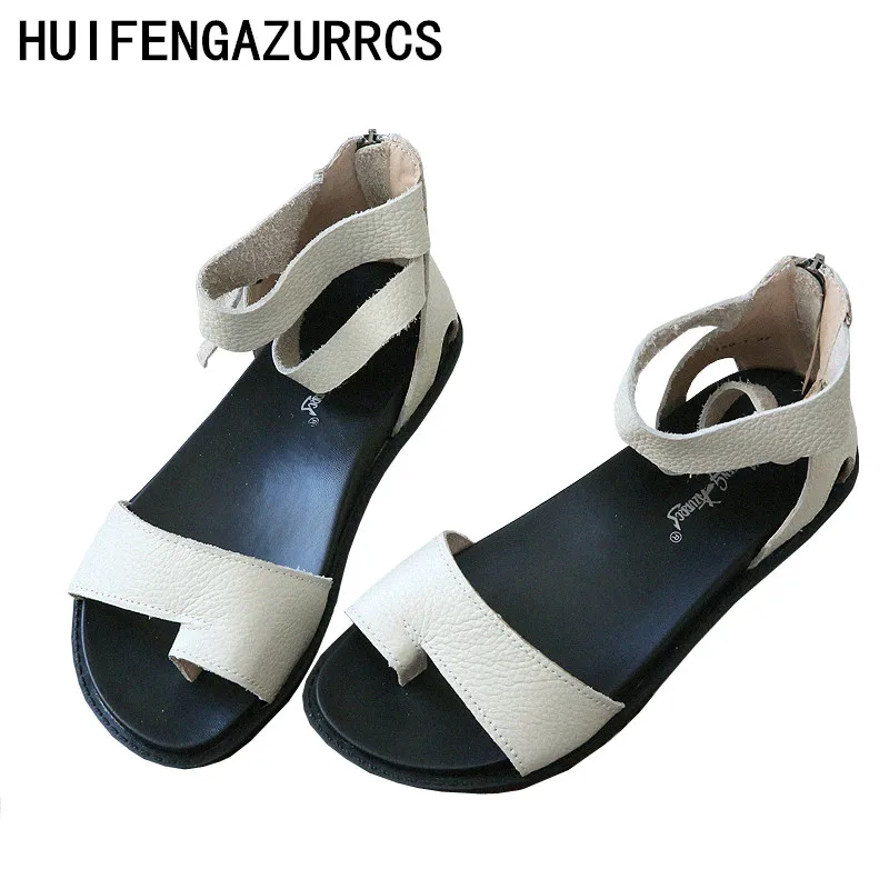 

HUIFENGAZURRCS-Real leather sandals, Literary Art Retro Toe Flat-soled Shoes New Comfortable Leisure Zipper Roman Sandals