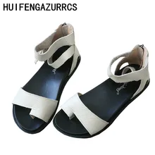 HUIFENGAZURRCS-Real leather sandals, Literary Art Retro Toe Flat-soled Shoes New Comfortable Leisure Zipper Roman Sandals roman literary culture
