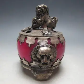 

Censer beautifully sculpted silver lion jade Incense burner