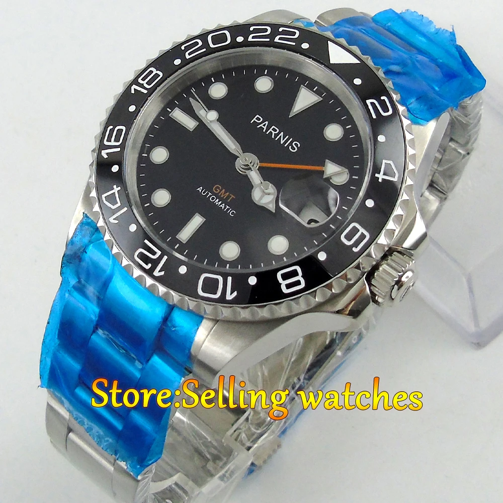 40mm Parnis black dial Sapphire glass Ceramic bezel GMT automatic mens