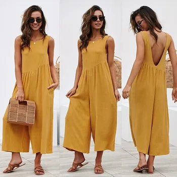 

2019 Summer Temperament Commuter Women's Loose Large Size Straight Jumpsuit Backless Solid Color Vest Jumpsuit