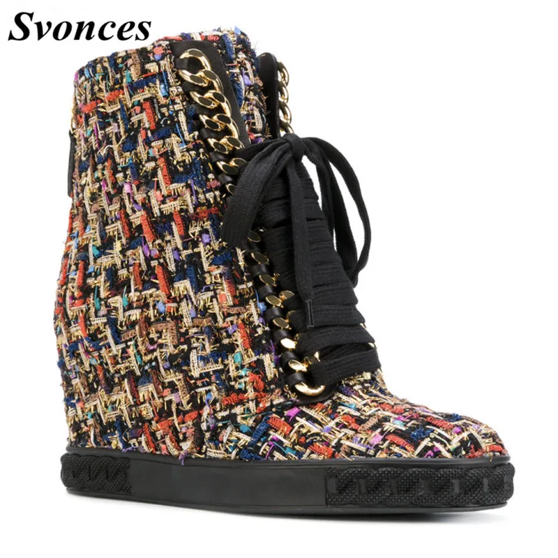

Svonces 2019 Spring New Casual Shoes Women Platform Sneakers 8CM Wedges Heel Plaid Tweed Real Leather High Top Sneakers Women