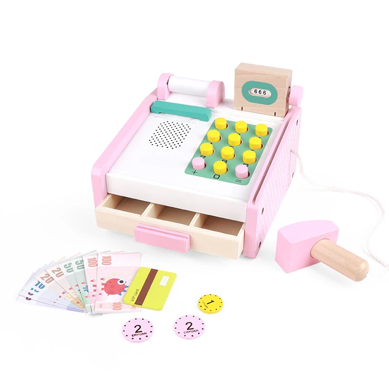 

Pink Simulation Cash Register Wooden Toys For Kids Montessori Educational Toys Cashier Desk Baby Toys Birthday Gift