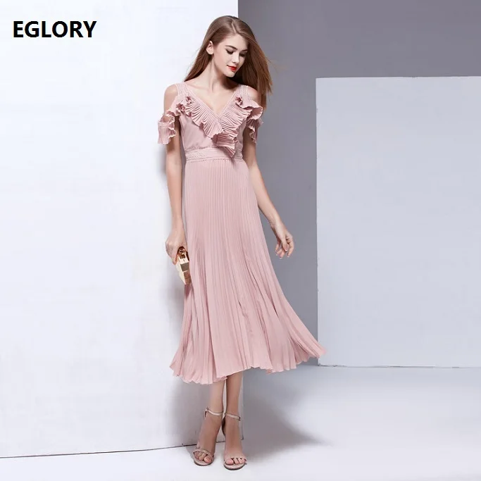 

New High Fashion Party Ladies Sexy Backless Evening 2017 Summer Women V-Neck Ruffles Floral Design Pleated Slim Dress Pink Blue
