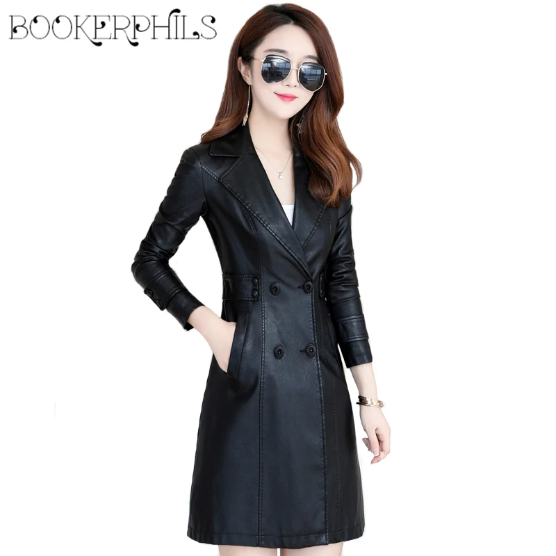 2018 New Autumn Winter Long Coat Women's Black Pu Leather