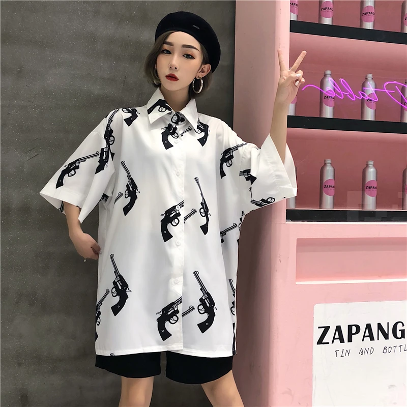 

Lychee Girls Harajuku Gun Print Female Blouse Turn Down Collar Short Sleeve Loose Spring Summer Single Breasted Women Shirt